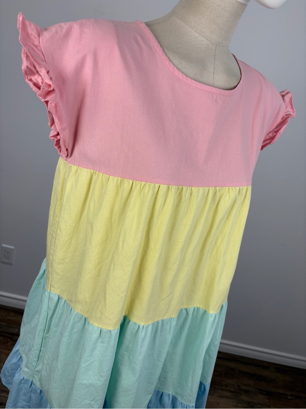 Southern Pastel Colorblock Tiered Mini Dress - Ruffle Sleeve Preppy S - Picture 4 of 12